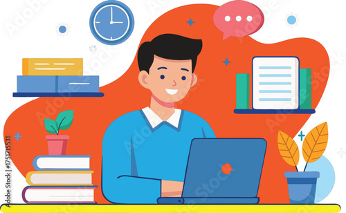 Young man working on a laptop at a desk with books and a clock