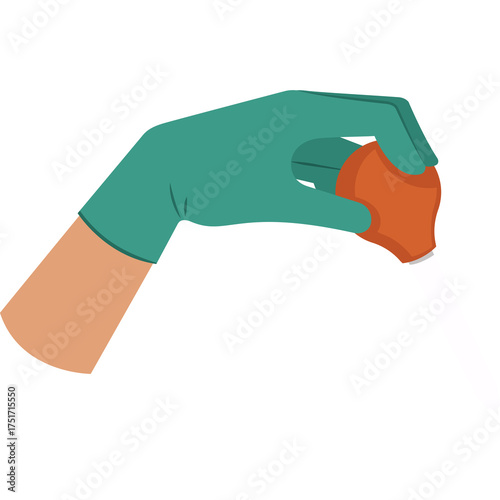 Hand Wearing Teal Glove Holding Small Orange Object Against White Background Flat Design Illustration