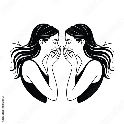 Two women whispering secrets with flowing hair gossip