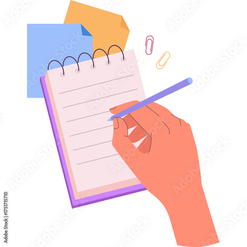 Hand Writing Notes On Lined Paper With Sticky Notes And Paper Clips Transparent Background Flat Design Illustration