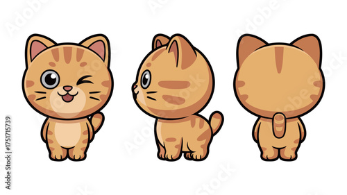 Adorable cartoon kitten character winking, poses from front, side, and back showcase playful feline charm, perfect for children's designs and cute animal themes