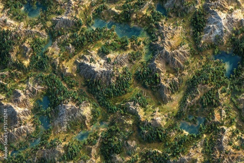 Top-down seamless terrain map texture fantasy RPG style blended biomes with forests rivers and mountains repeatable tile pattern muted colors