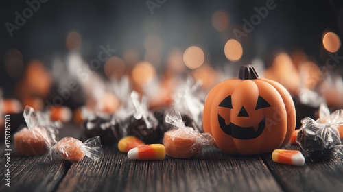 Festive Halloween pumpkin bowl with candy and treats on dark wooden table with glowing bokeh background for celebration or holiday decoration