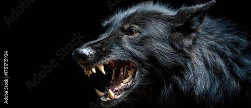 Close-up of a fierce and aggressive black wolf with bared teeth and intense expression on dark background