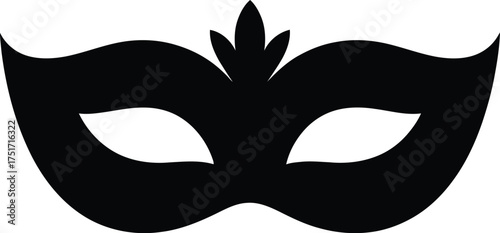 A black masquerade mask is depicted against a white background.