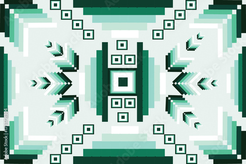 binary code background, A bold geometric pattern in shades of green and white, blending symmetry with modern depth for a striking visual statement.