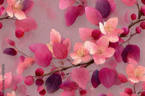 Elegant cranberry vine motif delicate watercolor strokes blush pinks and deep burgundy romantic stationery or wallpaper seamless pattern background