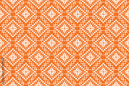 abstract seamless pattern, This image features a striking geometric textile pattern in vivid orange and white. The design showcases repeating diamond motifs with intricate details.