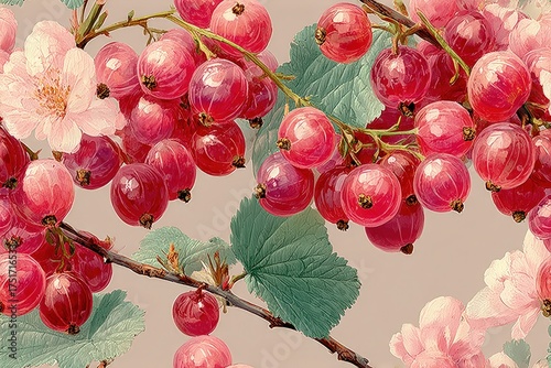 Delicate Redcurrant branch pattern with translucent berries and dainty leaves watercolor blush pinks and sage greens romantic cottagecore aesthetic seamless pattern background