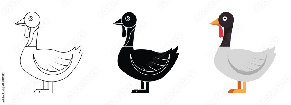 Obraz premium Turkey Bird Illustration Set — Outline, Silhouette, and Flat Color Farm Animal Vector for Thanksgiving and Poultry Design