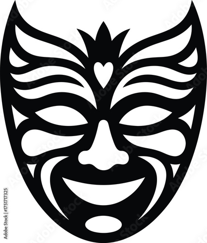 A black graphic mask design features elaborate patterns and a smiling face.