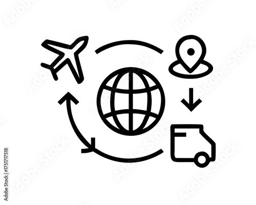 Global logistics network showing airplane, globe, location pin, and delivery truck