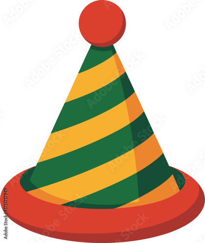 A colorful striped party hat with a red brim and a red pom-pom on top.