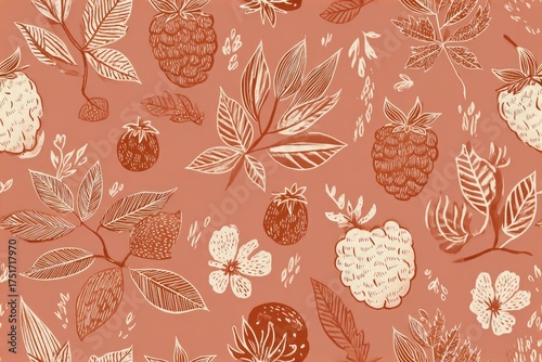 Scandinavian folk-art raspberry motif minimalist line art warm terracotta and cream colors cozy kitchen decor vibe seamless pattern background
