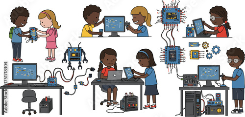 Diverse children learning coding and robotics with computers and circuits kids