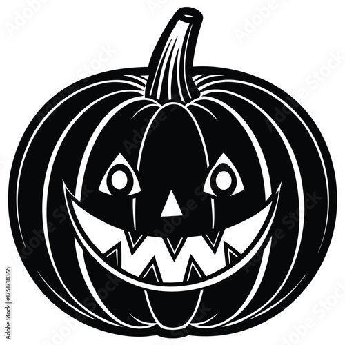 Spooky orange pumpkin jack-o-lantern face isolated on white for Halloween decoration, an autumn holiday symbol and vector illustration