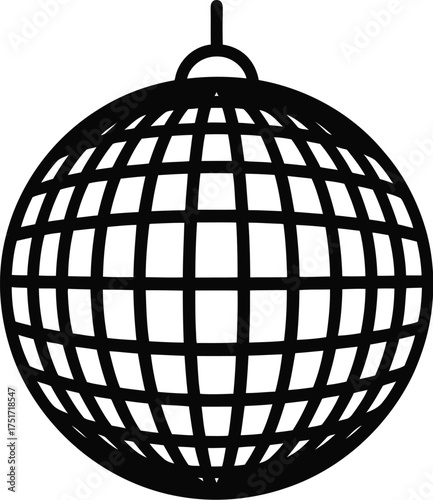 A black silhouette of a disco ball hangs from a thin string against a white background.