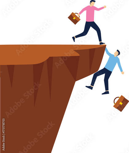 Competition for victory concept. A businessman pushes a competitor off a cliff. Business people. Vector illustration flat design. Businessman standing on top. Way to success. Man climbing rope.

