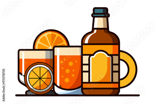 Orange cocktail and bottle in cartoon style