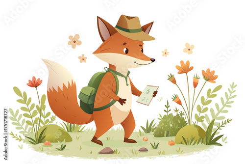 Cartoon fox with a backpack and hat