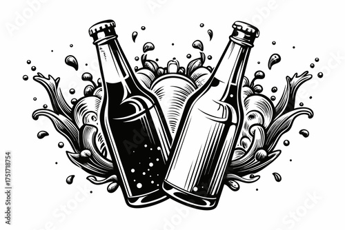 Monochrome illustration of two beer bottles with splashes