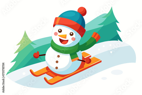 Cartoon snowman skiing down a snowy hill