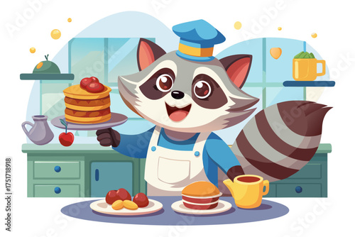 Cartoon raccoon chef holding pancakes with strawberry