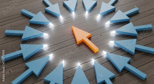 Circle of blue arrows pointing inward with one orange arrow pointing outward on wood surface