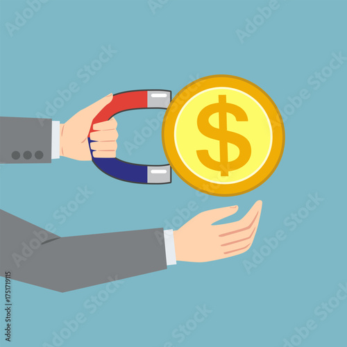 Business Hand Use Magnet Attracts Money Dollars. Illustration, Cartoon, Vector.