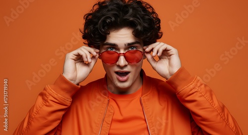Young man with curly hair wearing red heart sunglasses and orange sweater