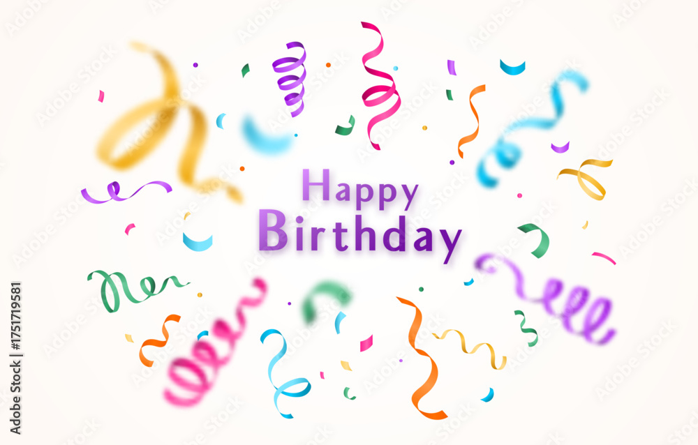 Obraz premium Birthday vector background with colorful confetti and serpentine ribbons isolated on white backdrop at the center. Greeting text sign. Festive illustration in flat modern simple style