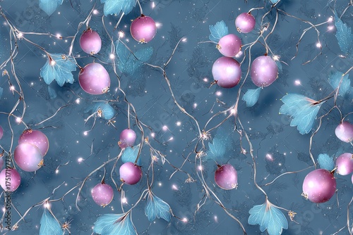 Fantasy gooseberry cluster design with glowing berries and silver vines ethereal twilight background magical storybook aesthetic seamless pattern background