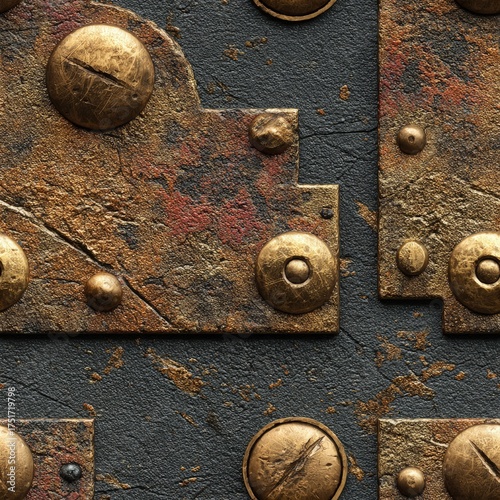 Steampunk brass plating seamless texture with rivets and scratches industrial aesthetic