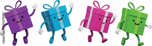 Four cartoon gift boxes with arms and legs waving and running present character