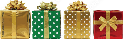 Four gift boxes gold green red with gold bows and ribbons present celebration