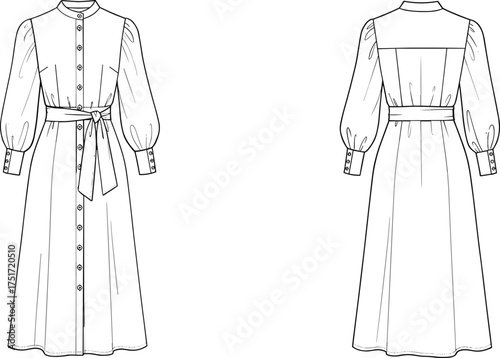 Front and back fashion flat sketch of a long sleeve belted midi dress fashion illustration fashion sketch