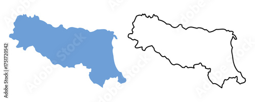 Map of Emilia Romagna is a region of Italy. Map with detailed outlines and blue silhouettes.