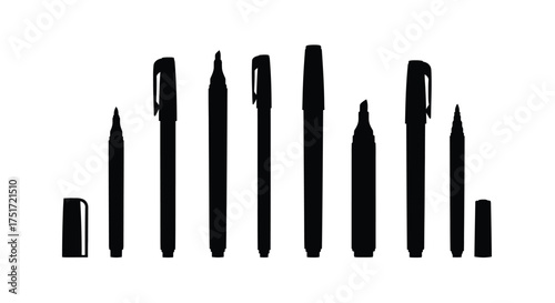 Collection of black markers and caps lined up art supplies for drawing and creative projects vector