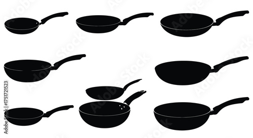 Collection of silhouetted frying pans and woks for culinary design and kitchenware concepts vector