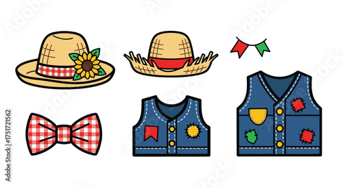 Vector art of set of festa junina elements, including hat, bow tie, vest and garland, traditional brazilian june party