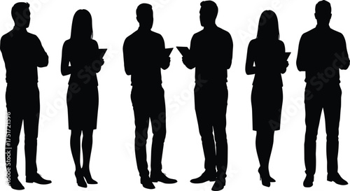 Black business silhouettes of professionals in corporate attire holding tablets and standing confidently, teamwork, leadership, technology, diversity, workplace communication illustration