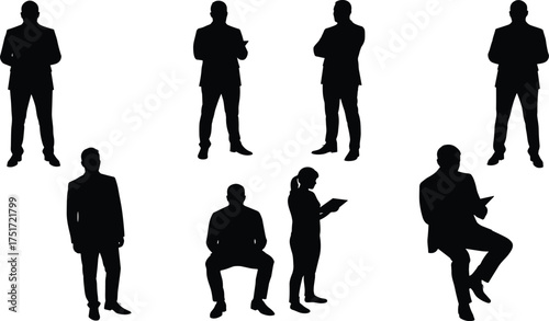 Black business silhouettes of professionals in corporate attire using tablets, sitting, standing, confident poses, teamwork, leadership, workplace, communication illustration