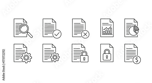 Set of document icons representing various office and data management functions clean outline style vector
