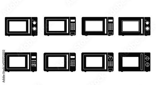 Set of eight microwave ovens displayed in a grid format for kitchen appliance collection vector