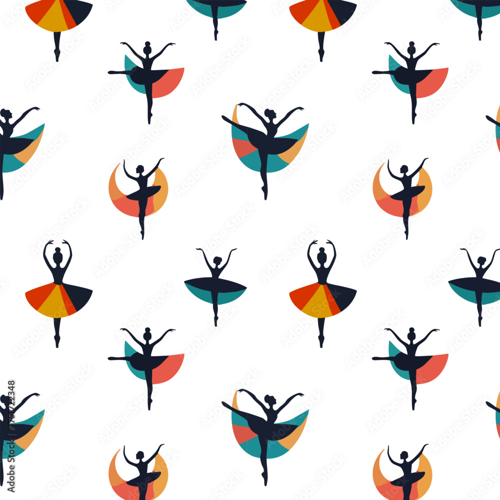 Fototapeta premium White background with a dance mood.Vector seamless pattern with silhouettes of dancing ballerinas on a white background.