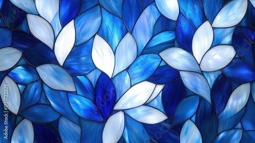 Stained glass pattern, abstract blue and white design, decorative background, wall art