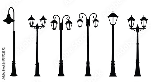 Classic vintage street lamp silhouettes collection elegant exterior lighting fixtures design elements vector