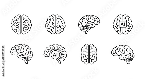 Collection of stylized brain icons representing intelligence artificial neural networks and human cognition vector