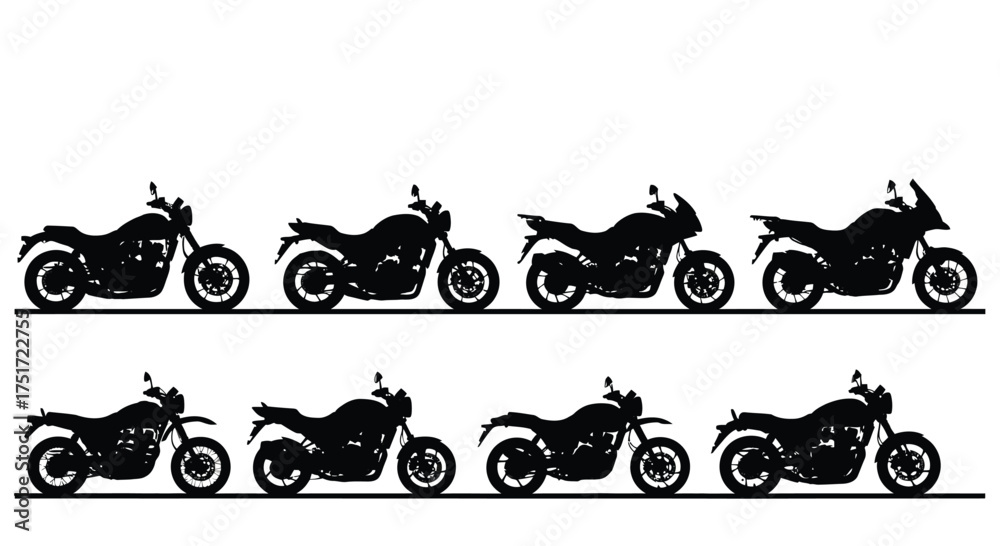 Obraz premium Collection of diverse motorcycle silhouettes displayed in two rows for automotive design concepts vector
