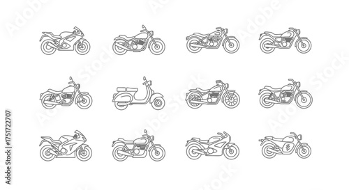 Collection of diverse motorcycle line drawings isolated on for design projects vector